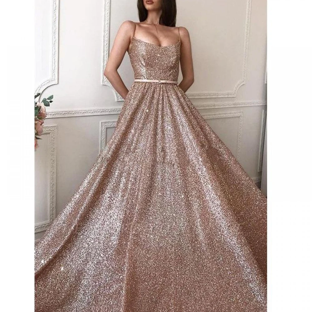 

Sparkle Sequin Evening Dresses Long 2021 Women Gorgeous A-Line Sexy V-Neck Spaghetti Strap Prom Gown Made Size vestido de fiesta