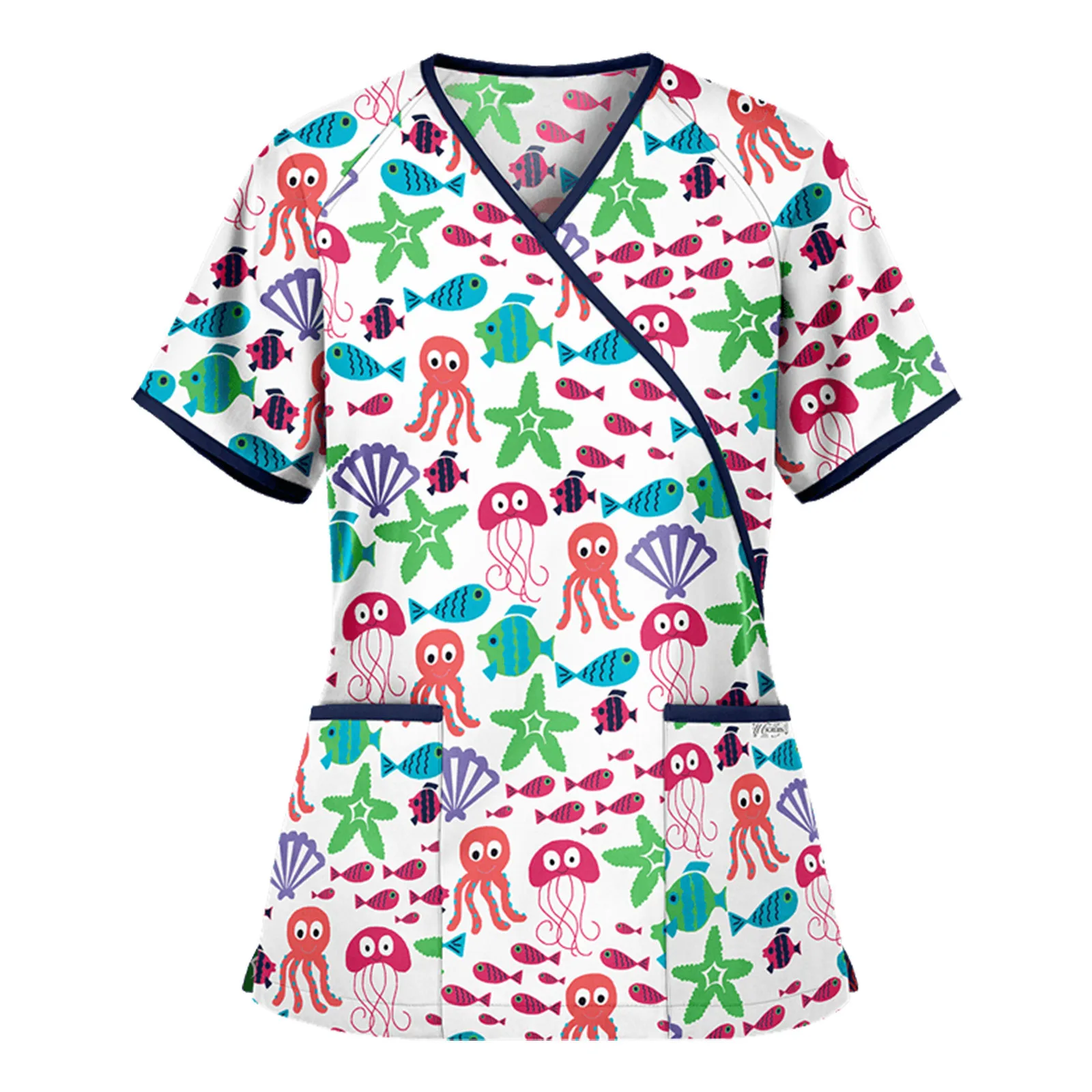 

Uniforme Enfermera Women Short Sleeve Pocket V-neck Printing Tops Nurse Overalls Working Uniform Blouse 2021