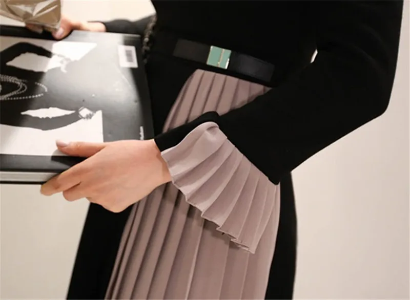 

2019 newest women spring autumn ruffles pleated dress office lady flare sleeve patchwork elegant party dresses D279