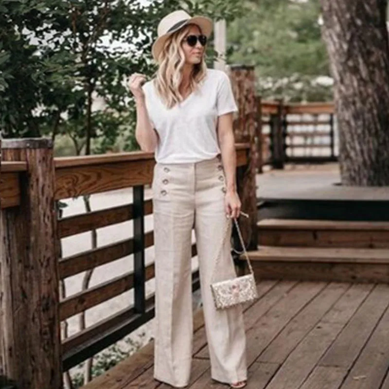 

Fashion Women High Waist Button Long Trousers Autumn Straight Wide Legs Pants Solid Ladies Loose Pants Plus Size Streetwear