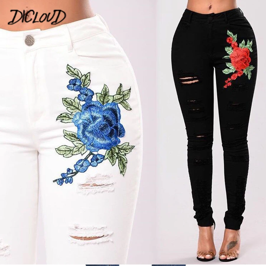 Женские джинсы с вышивкой DICLOUD черные белые дырками модные обтягивающие