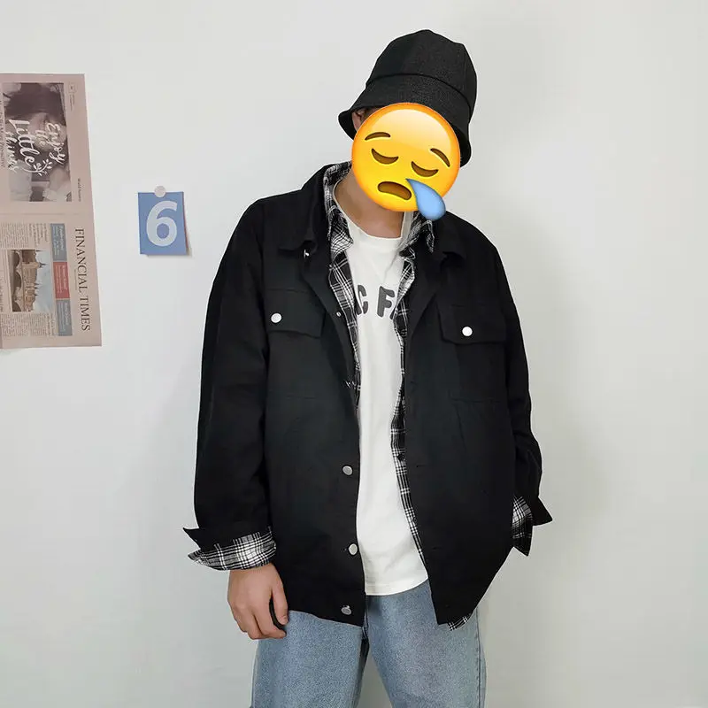 

Spring Cotton Casual Jacket Men's Fashion Plaid Fake Two-piece Jackets Mens Streetwear Wild Loose Hip-hop Bomber Jacket Men