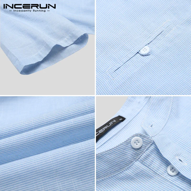 

Solid Color Buttons Camisas Leisure Breathable Blusas Mens Striped Shirts Casual Short Sleeve Stand Collar Blouse S-5XL INCERUN7
