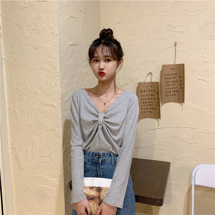 

Korean Ins Loose Casual T-Shirts Women's Clothing V-neck Solid Ladies Tops Long Sleeve Low-cut Tees Spring Autumn New Hipster