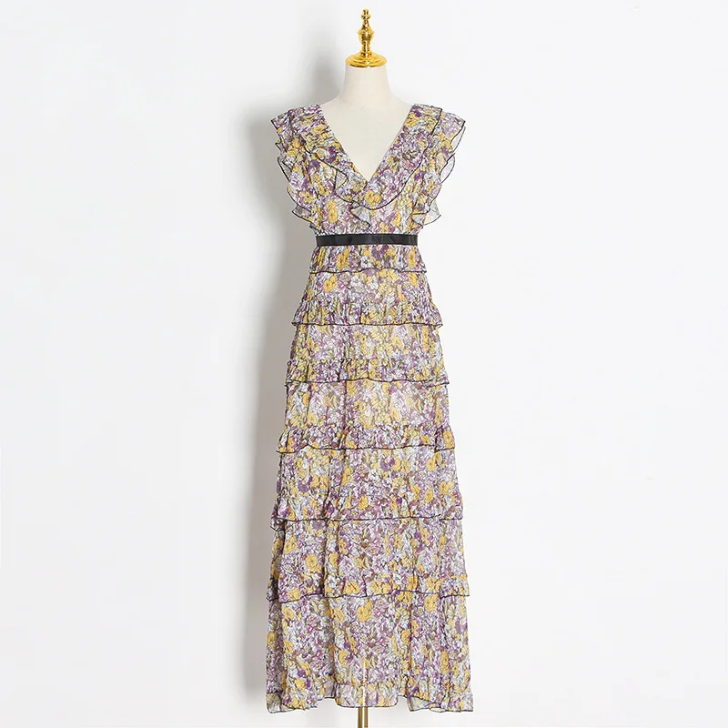 Женское винтажное платье с оборками облегающее макси без рукавов многоярусным