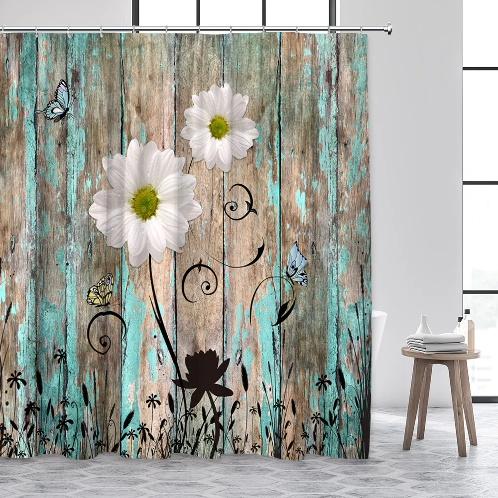 Деревянная доска в деревенском стиле занавески для душа с маргаритками бабочки