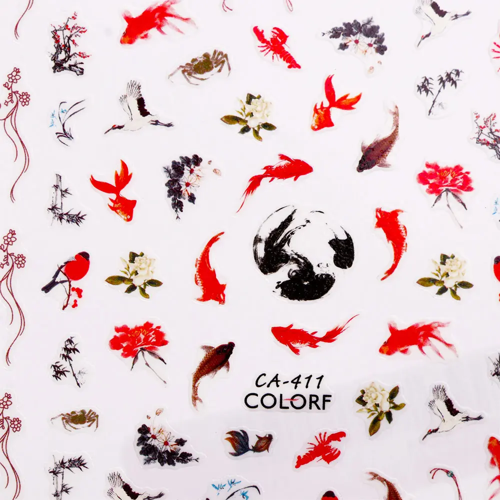 1 шт. переводная 3d наклейка для ногтей фольга Китайская опера чернила цветок рыба
