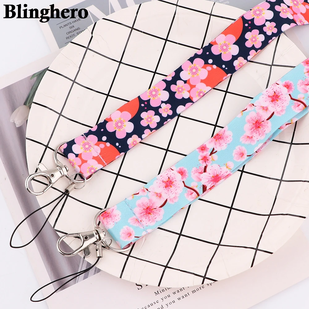 CB842 Beautiful Pink Cherry Blossom Lanyards ID Badge Card Holder Keychain Cell Phone Strap Gift Ribbon Necklace Decoration