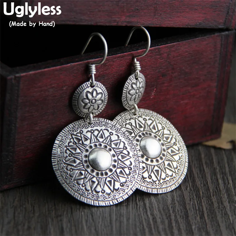 

Uglyless Real 925 Sterling Silver Women Vintage Ethnic Totem Patterns Earrings Carved Sunflower Brincos Exotic Thai Fine Jewelry