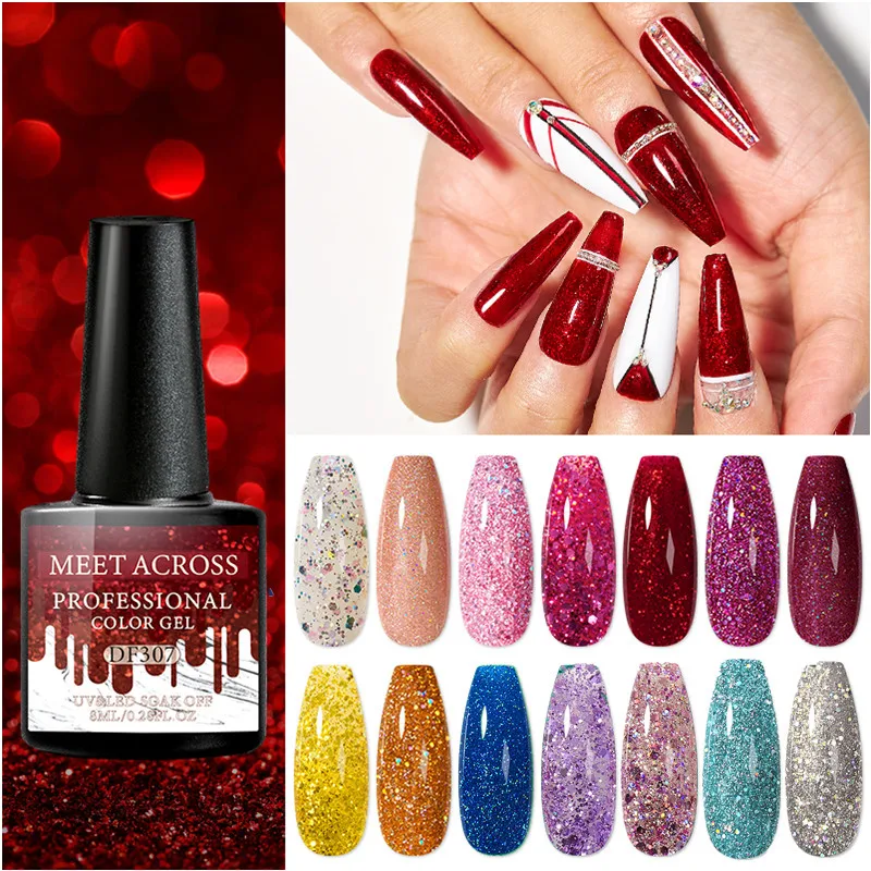 

MEET ACROSS Glitter Sequins Gel Nail Polish Vernis Semi Permanent Soak Off Manicure Nail Art Gel Varnishes Hybrid Design