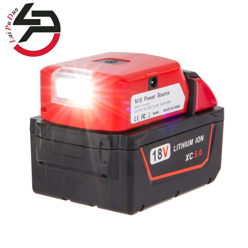 

Адаптер M18 для литий-ионной батареи Milwaukee 18 в, светодиодный светильник, рабочий светильник, фонарик, USB, зарядное устройство 12 В постоянного т...