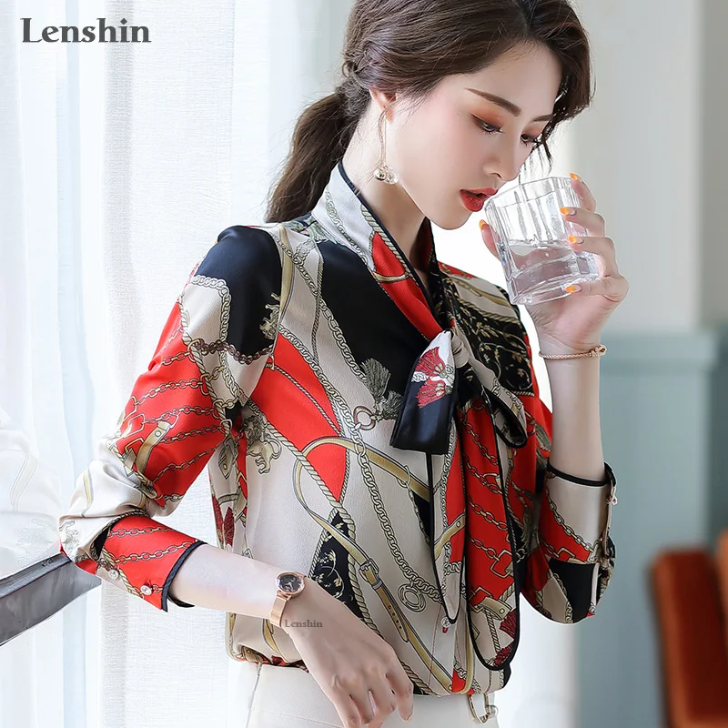 Блузка Lenshin с геометрическим принтом дышащая мягкая блузка галстуком бабочкой