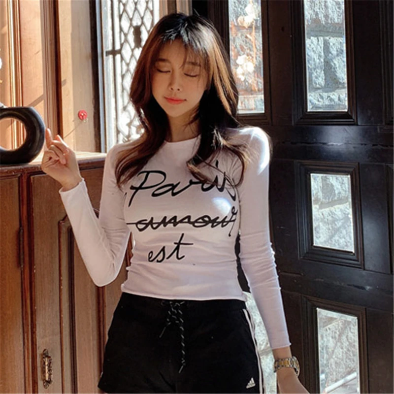 Новая весенняя Сексуальная футболка Женская эластичная в Корейском стиле