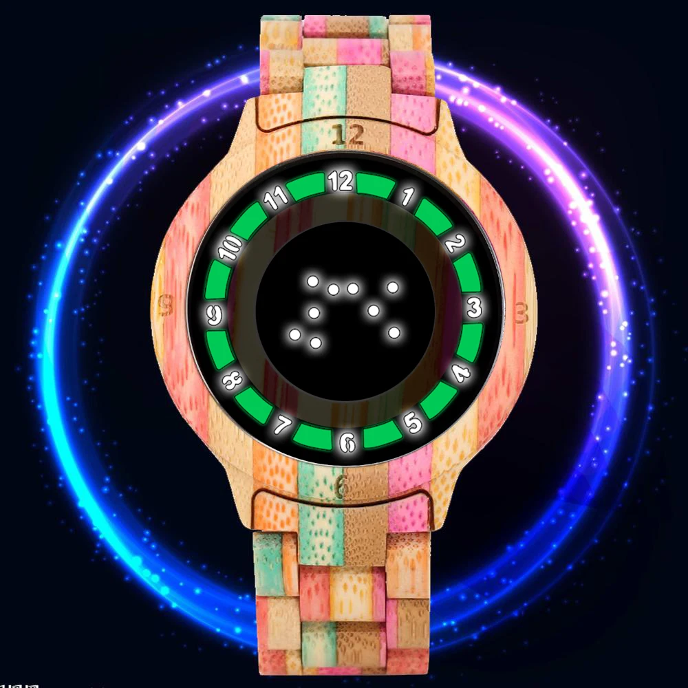 

Colorful Wooden Watch for Male Unique LED Display Light Touch Screen Men's Watch Women Clock Night Vision Fashion Wristwatches