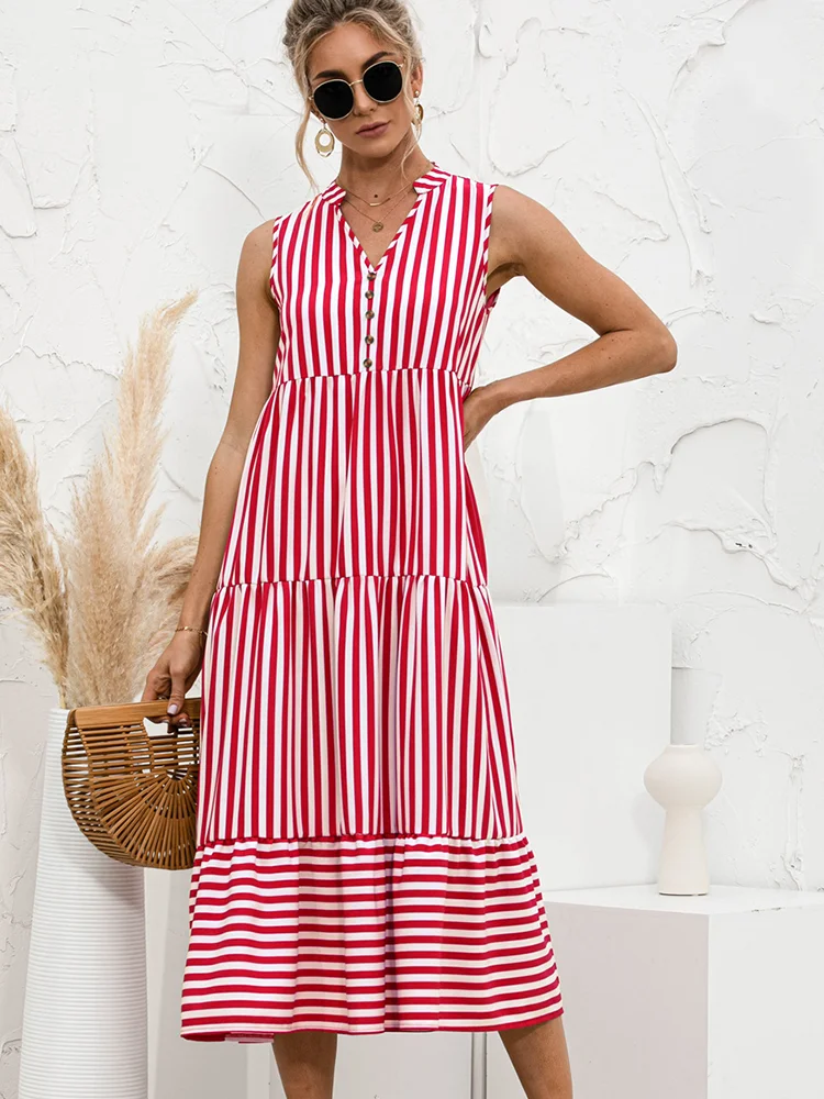 

Женское платье без рукавов, летнее платье в полоску, с оборками, с пуговицами, в стиле ретро, для вечеринки и отдыха, 2021