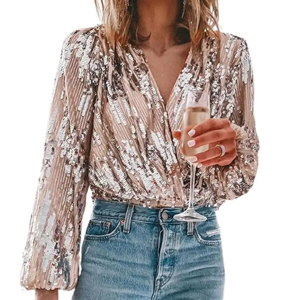 

Spring Casual Women Blouse V Neck Lantern Sleeve Polyester Women Ladies Spring Glitter Blouse Top Female for Dating Wear