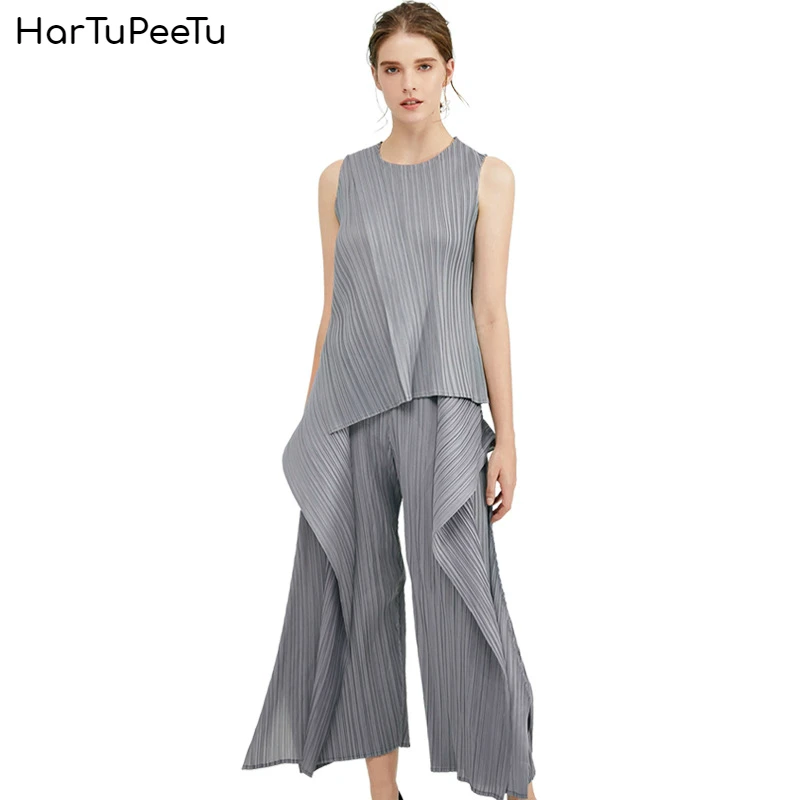 

Женский Повседневный комплект, топ без рукавов и широкие брюки, однотонный, весна-лето костюм со складками, 2020