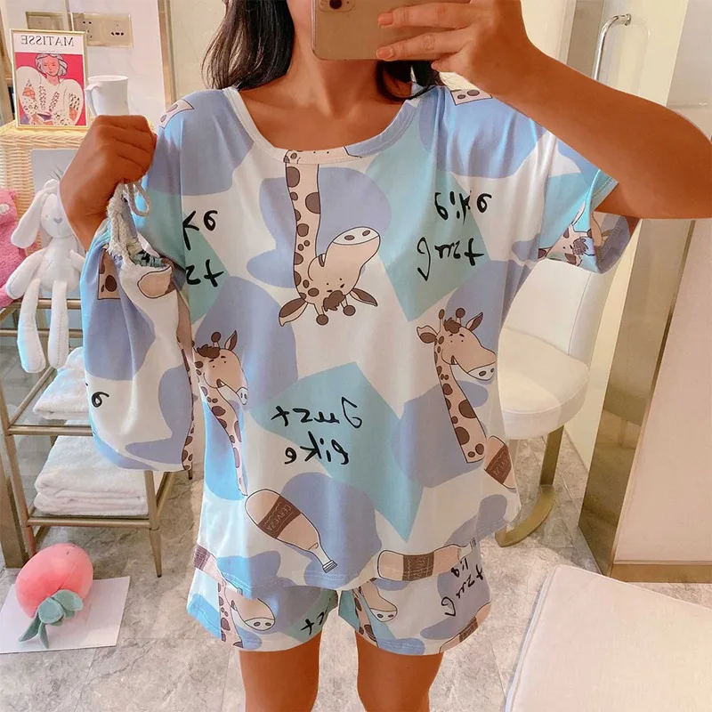 

Jodimitty Women Pajama Sets New Cartoon Kawaii Sleepwear Short Sleeves Pajama Feminino Tops Home Clothes 2021 Spring Nightgrown