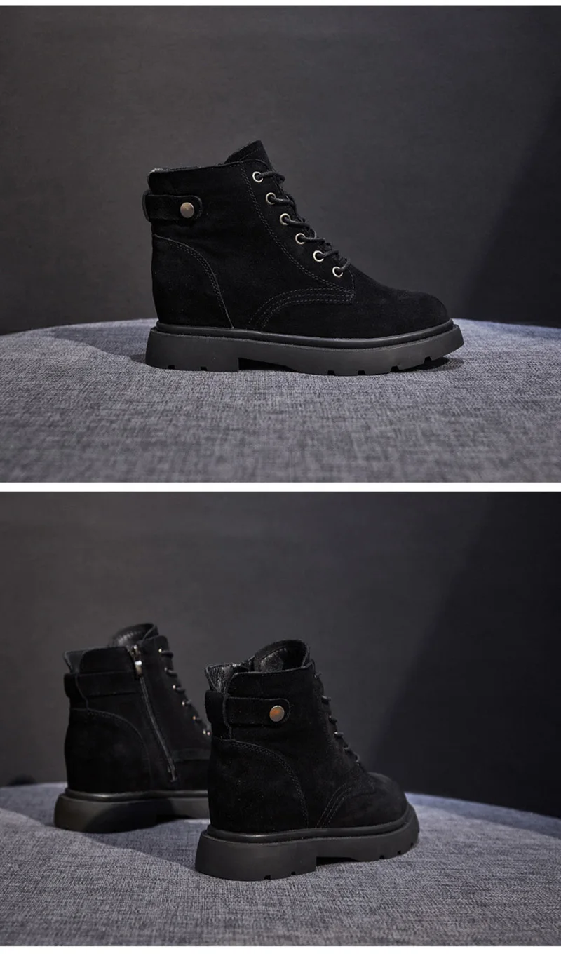 Genuine Leather Shoes Women Boots Warm Shoes Cow Leather Women Ankle Boots Autumn Winter Footwear Height Increasing 6.5cm A1649