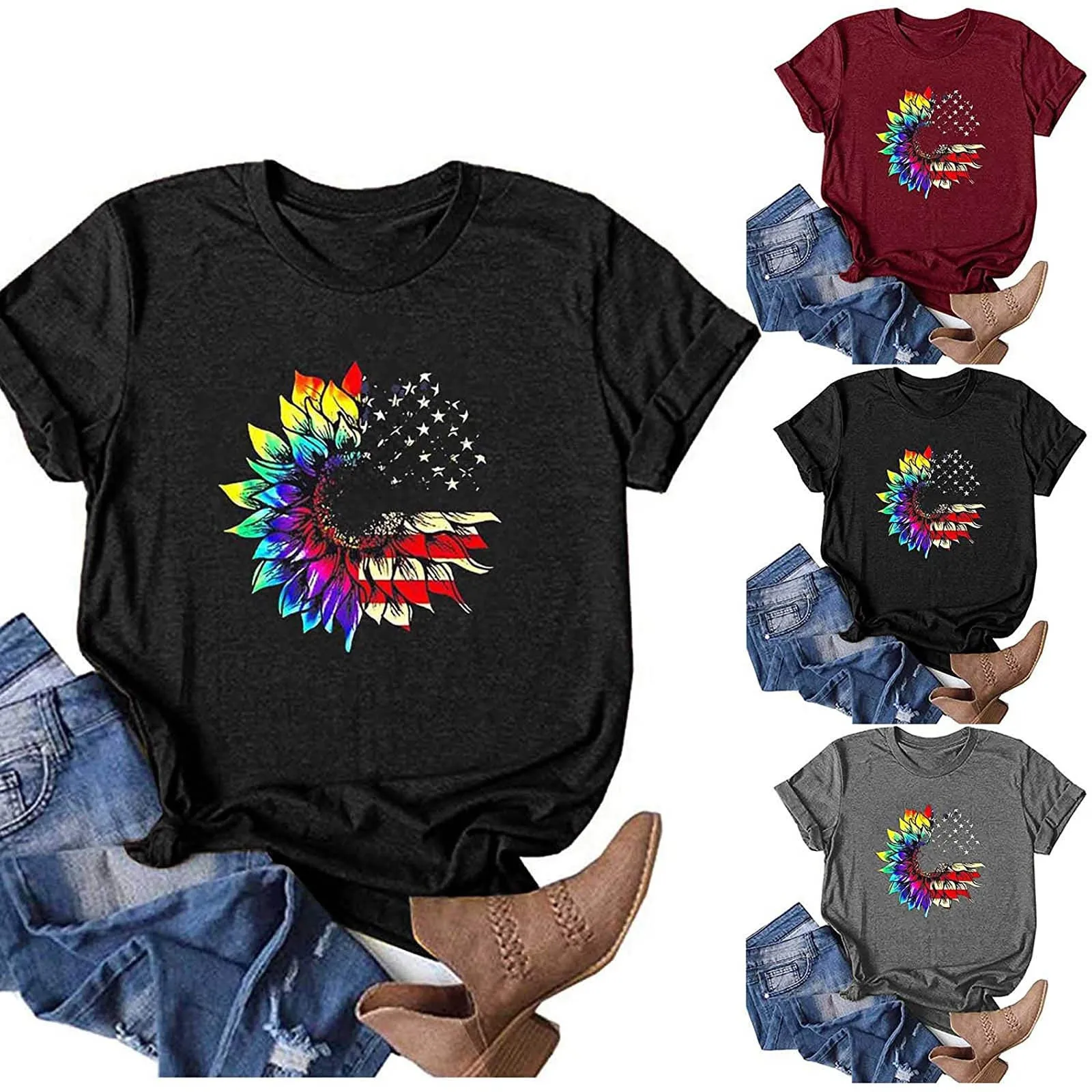 

Womens Fashion Independerce Day Loose Print O-neck Short Sleeve Casual T-shirts Blouses Et Chemises Louses Femme