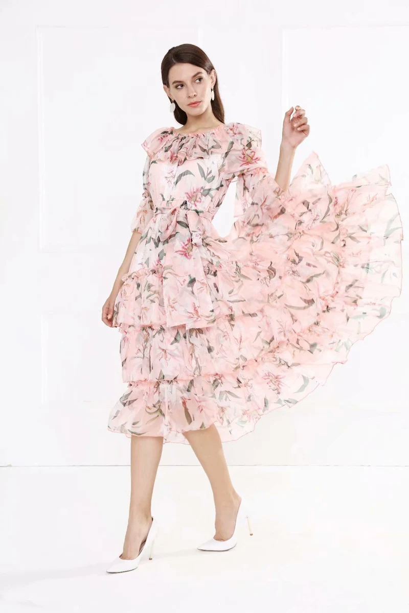 

Women's Runway Dresses Slash Neckline Off Shlouder Tiered Ruffles Floral Printed Sash Belt Fashion Designer Dress
