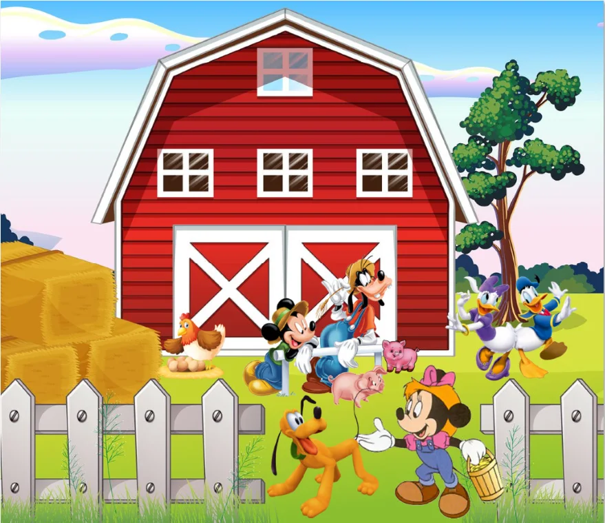 8x8 футов милый Микки Минни Маус ферма красный сарай белый забор ЗЕЛЕНАЯ ЛУЖАЙКА