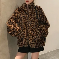 leopard print women fleece jackets 2021 autumn and winter all match korean version loosestand up collar zipperfaux lamb coat