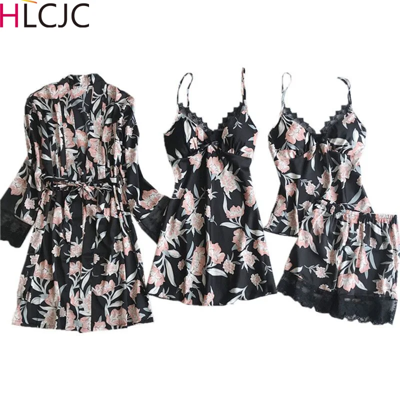 Атласная Женская одежда для сна из 4 предметов сексуальная v образная горловина +