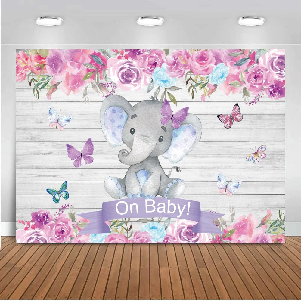 

Elephant Newborn Baby Shower Backdrop For Photography Flowers Safari Jungle Party Birthday Decor Background For Photo Studio