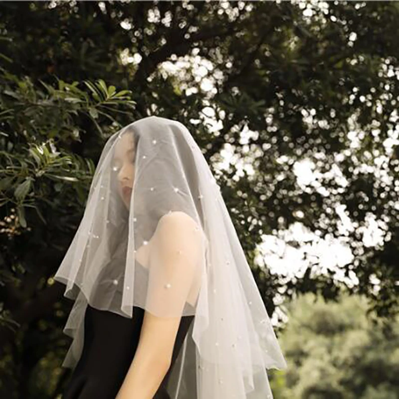 

Pearls White Ivory Bridal Veil Simple Short Tulle Wedding Veils For Bride For Marriage Wedding Accessories