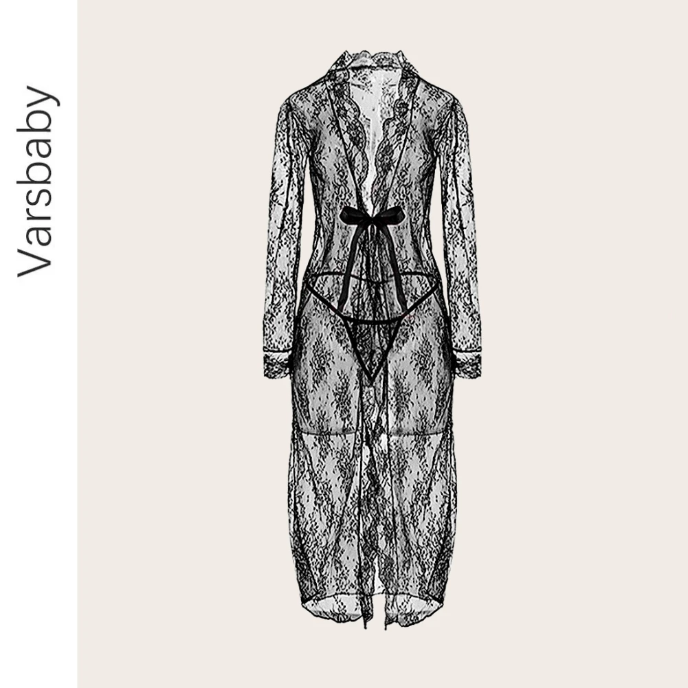 

Varsbaby Sexy See Through Nightgown Floral Lace Robe Ultra-thin Long sleeve Robe