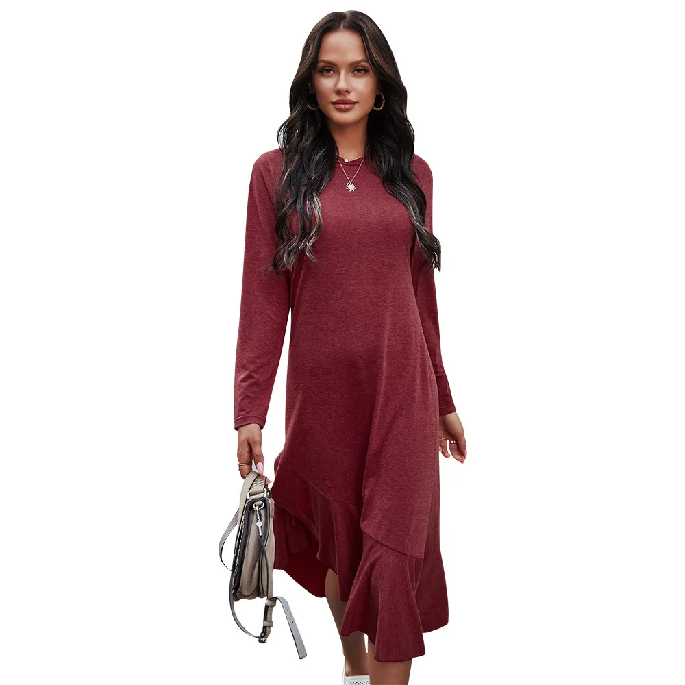 

2021 Spring set head solid color high waist fold temperament medium long skirt women's cotton