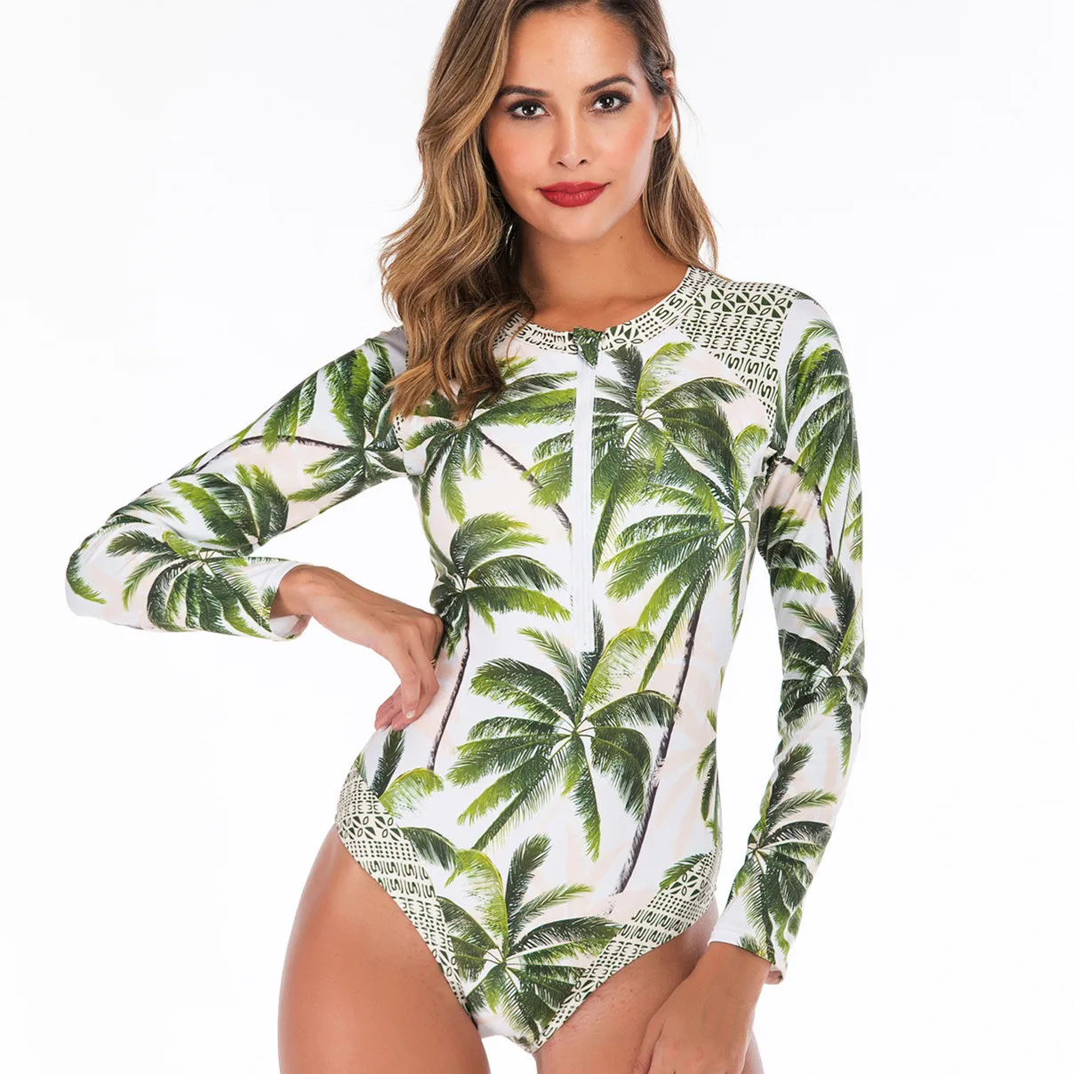 Женский купальный костюм с длинным рукавом Цельный купальник цветочным принтом