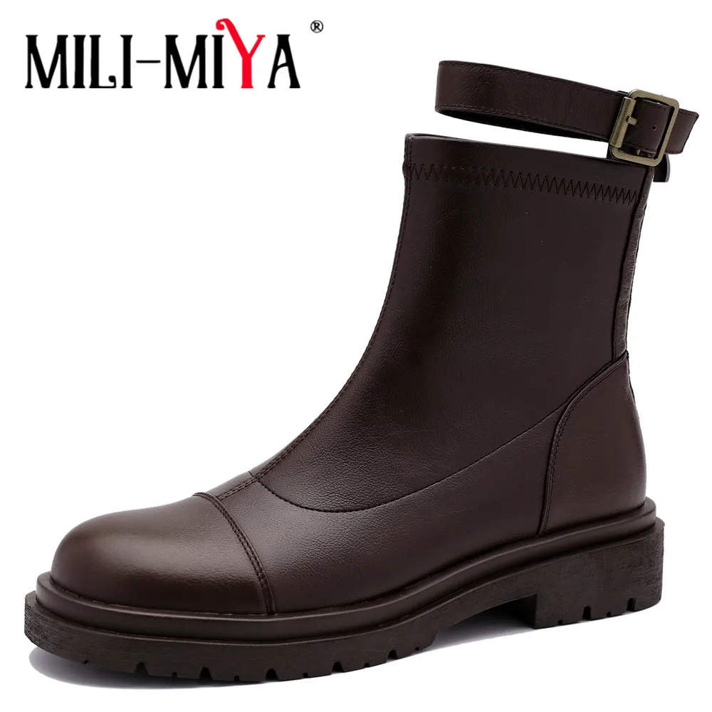 

MILI-MIYA Women Fashion Ankle Boots Classic Round Toe High Quality Leather Buckle Comfortable Low Heels Zipper Daily Life Footwe