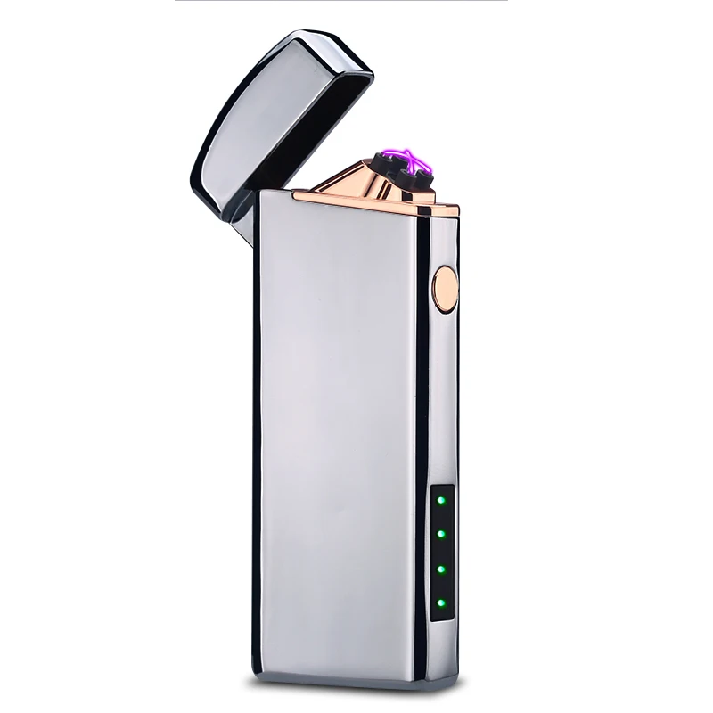 Silver Двойные электронные дуги прикуривателя USB металла Перезаряжаемые Ветрозащитный Непламено Электрический зажигалки плазмы с Дисплей свет зажигалка зажигалка usb - Цвет: Silver