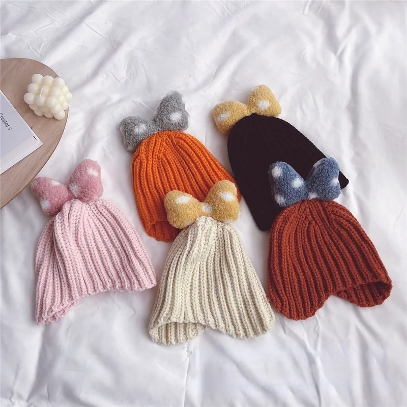 

Baby Solid Color College Wind Children Bow Knitted Hat Cute Baby Girl Autumn and Winter Outing Warm Wild Woolen Ear Caps