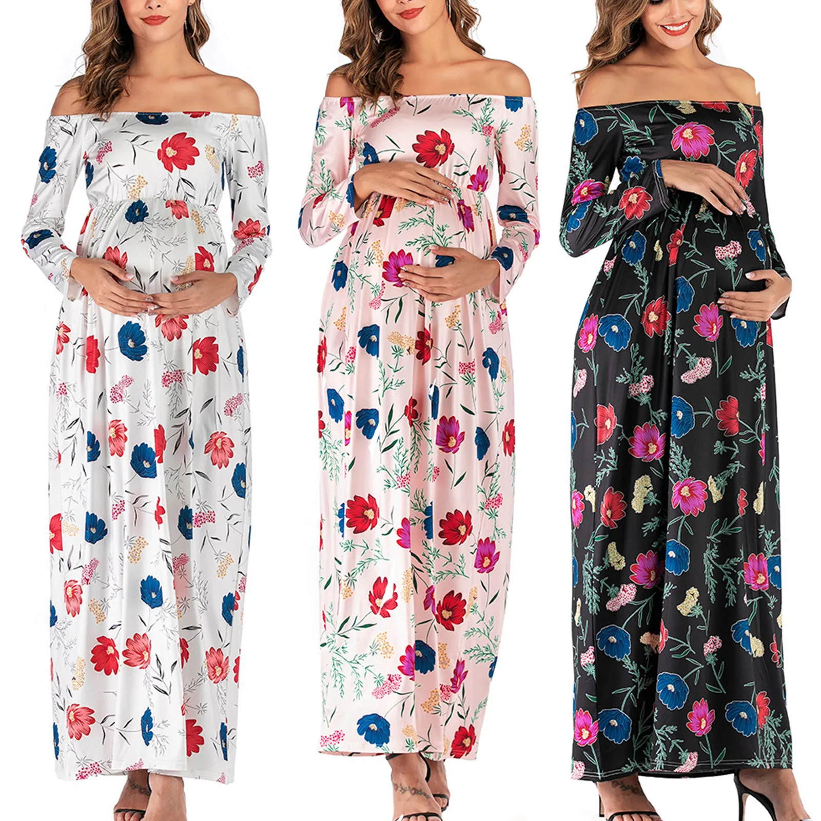 

Maternity Word-Shoulder Long Sleeve Flowers Print Length-skirt Fashion Dress Maternity Dresses одежда для беременных vestido