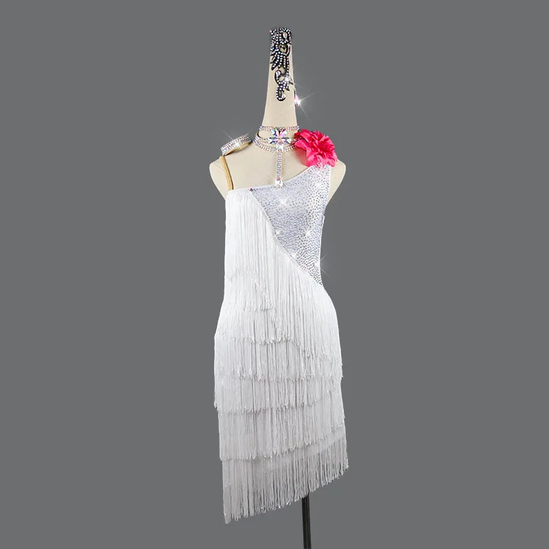 

Платье латинского танца сексуальная белая юбка с бахромой для взрослых женская детская одежда для женщин, без рукавов, бриллиантовые танцевальные костюмы