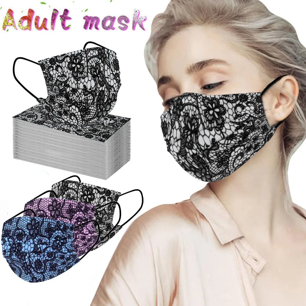

50PC mascarillas Fashion Lace Printing Disposable Mouth Masks Woman Protection Three Layer Breathable Face Mask masques masker#3
