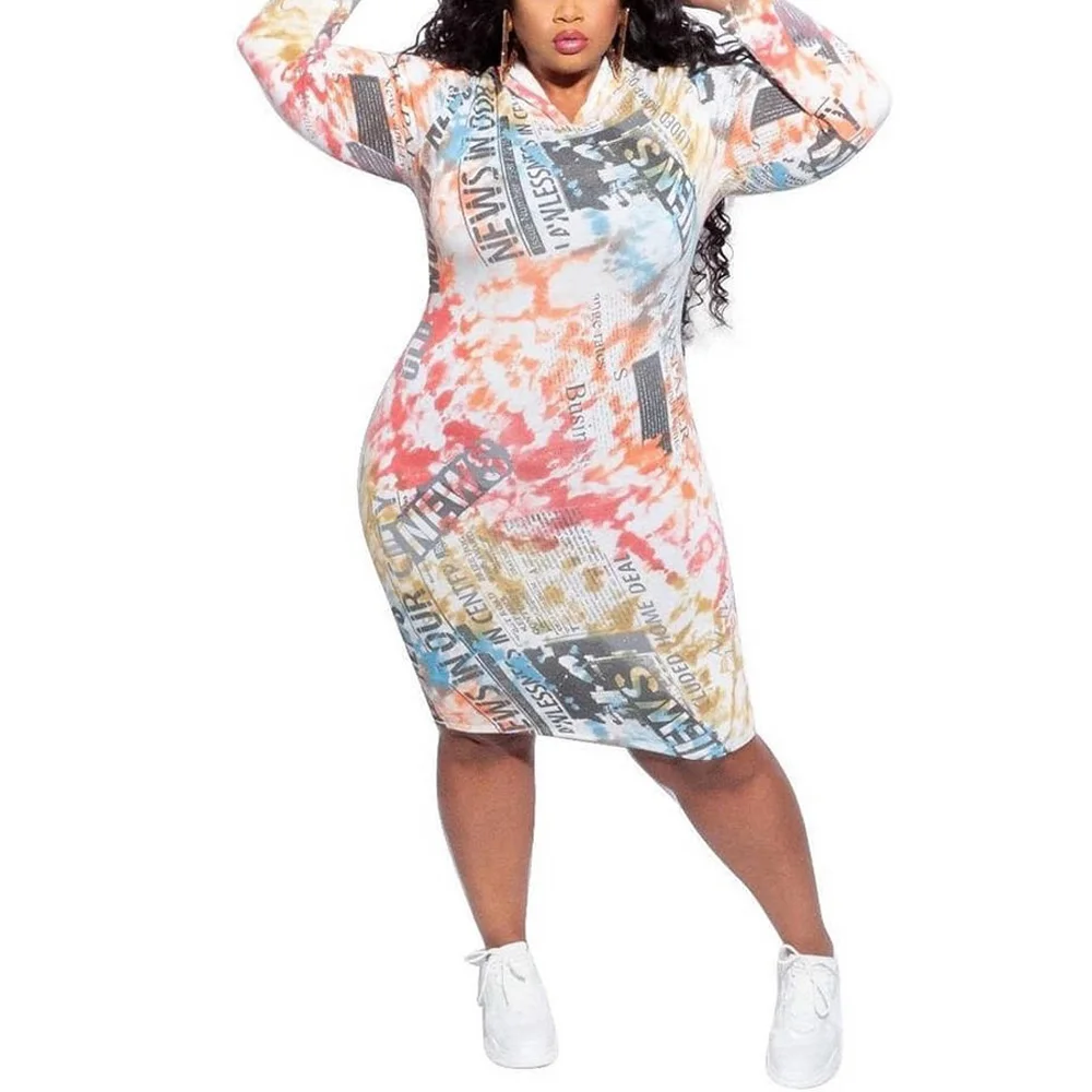 

3xl 4xl Plus Size Women Dress Hooded White Printed Causal Bodycon Fashion High Street Wear Midi Dresses Vestidos Mujder 2021 New