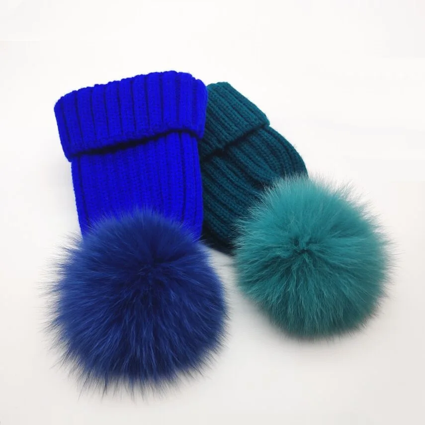 

New Winter Fox fur pom pom knitted beanie cap Adult Women men Casual Striped Warm knitting hat skullies gorros