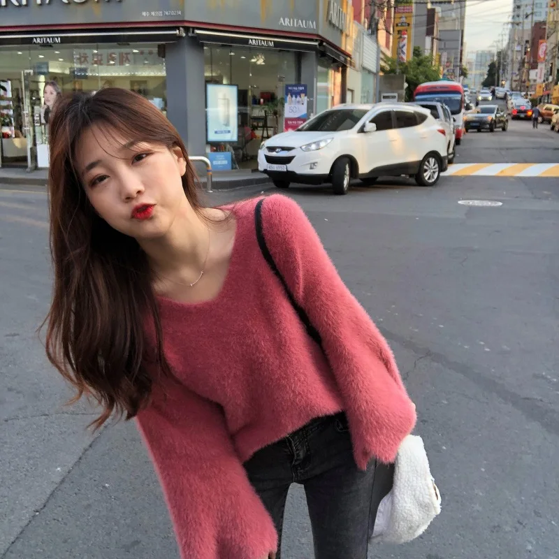Осень корейский ins Harajuku сладкий винтажный сплошной цвет вязаный свитер женский модный Свободный v-образный вырез с длинными рукавами женский свитер