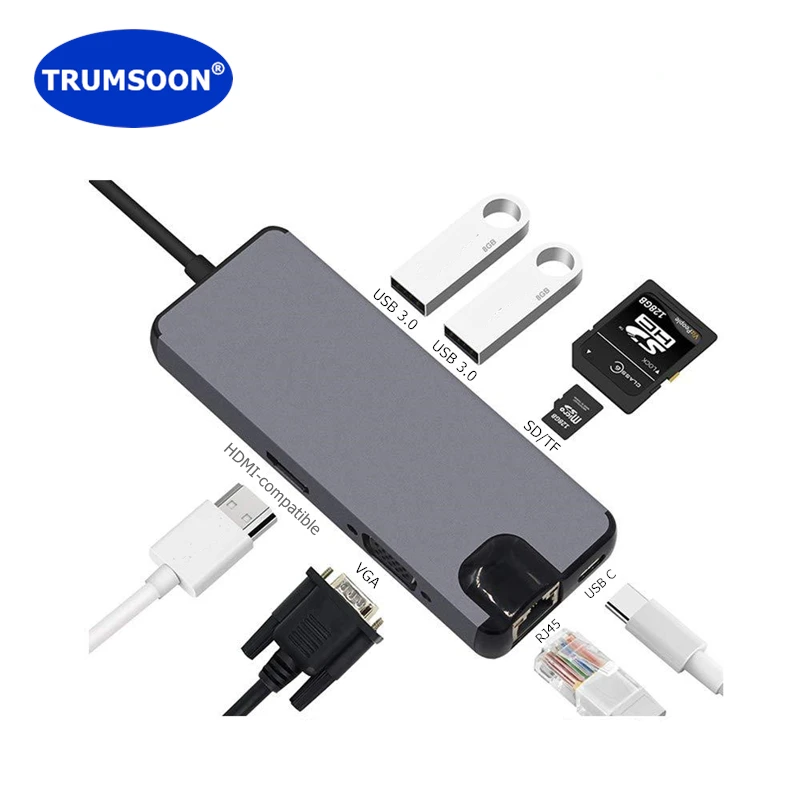 

TRUMSOON Type-C to RJ45 Gigabit Lan HDMI-compatible VGA USB C 3.0 SD TF Card Reader for Macbook Samsung S8 Dex Xiaomi TV Monitor
