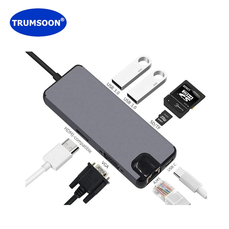 Устройство для чтения карт памяти TRUMSOON Type C к RJ45 Gigabit Lan HDMI совместимое VGA USB 3 0 SD TF