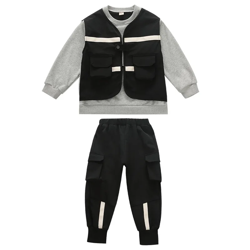 

Grey Black Spring Autumn Boys Clothing SuitsCoat+ Pants 2pcs/Set Kids Jacket Tops Teenager Sport Costume Outfits Tracksuit High