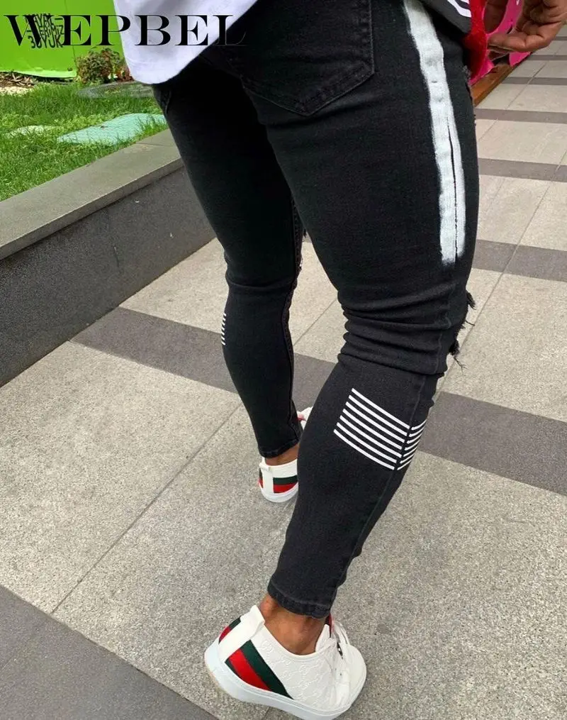 

WEPBEL New Men's Casual Joggers Drawstring Hole Denim Jeans Stretch Elastic Cuffed Pants Pencil Beam Pants