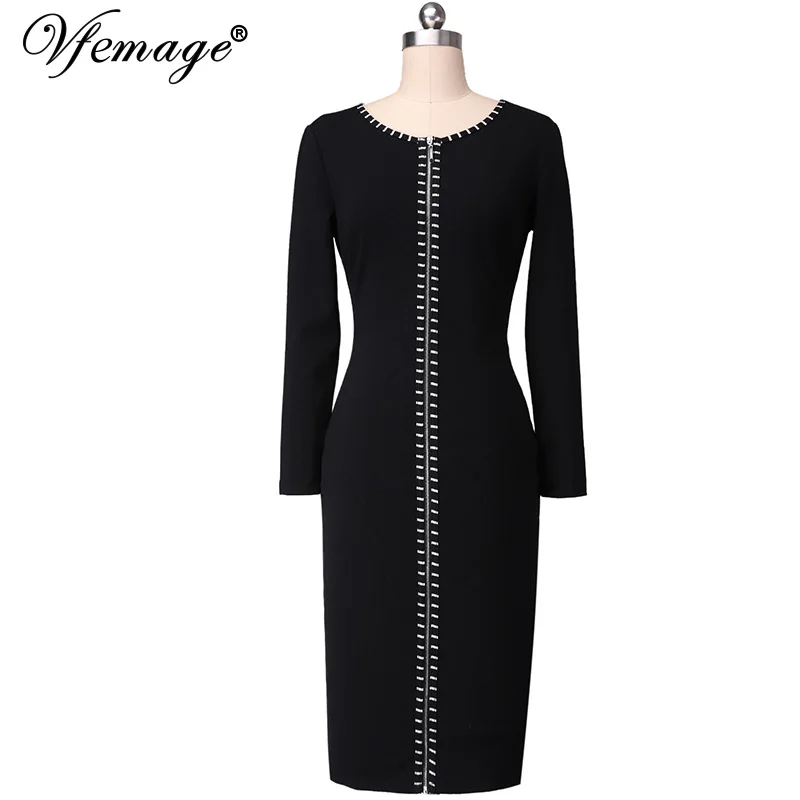 Женское платье с контрастной молнией спереди Vfemage элегантное облегающее офисное