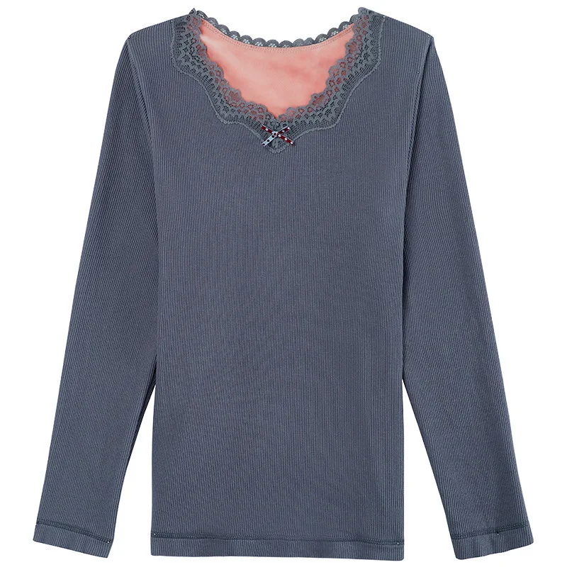 

Autumn and Winter V-neck Lace Ladies Thermal Underwear Plus Velvet Thick Autumn Clothes Tight-fitting Long-sleeved Body Top 2020