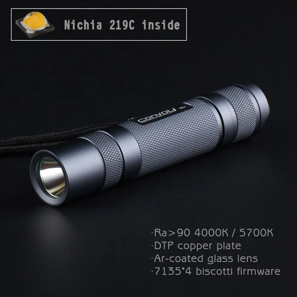 Фонарик Convoy S2 Plus Nichia 219C DTP медная пластина стеклянная линза с Ar покрытием