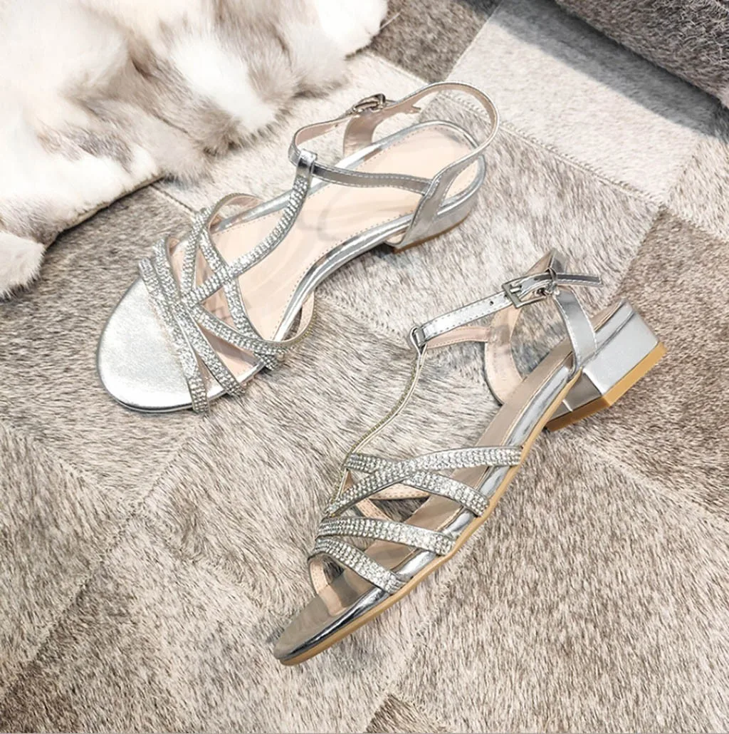 SAGACE Women Sandals Flash Diamond Flat Shoes Summer Open Toe Silver Party Casual Rome Ladies Gladiator Sandalias | Обувь